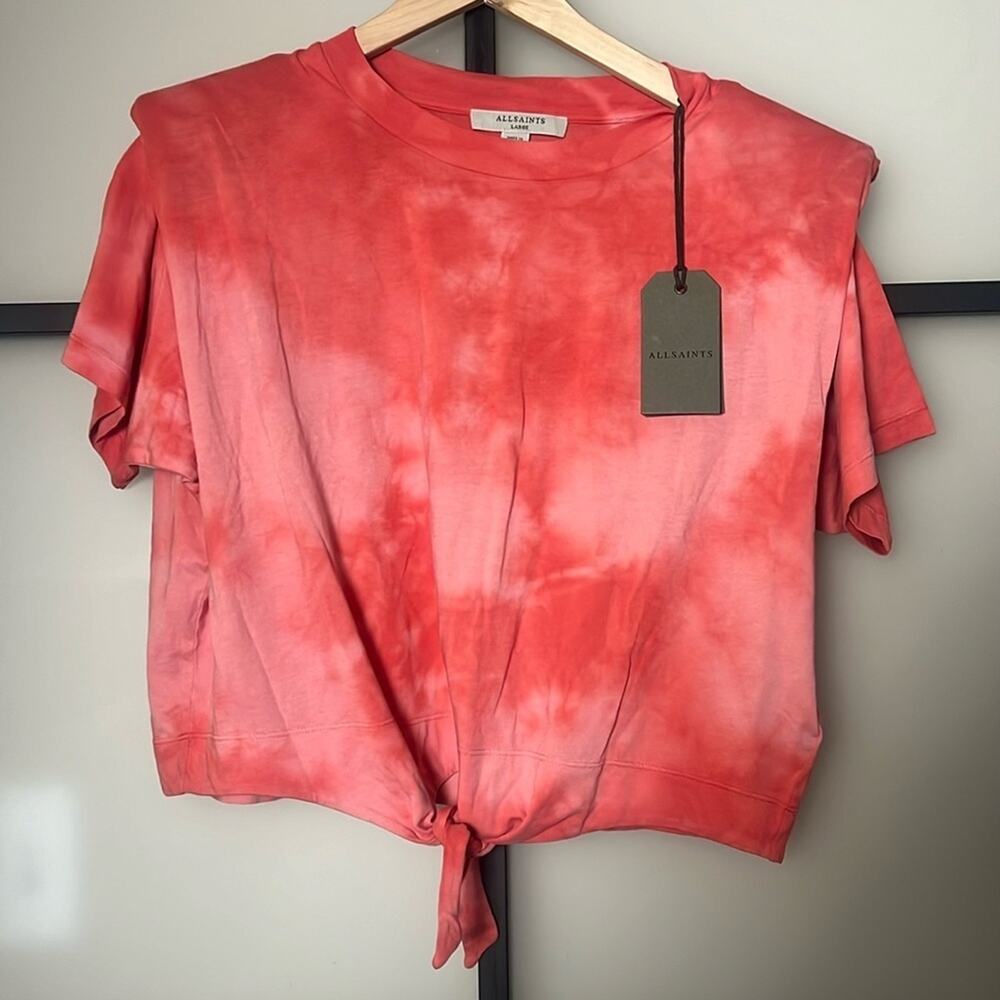 NWT ALLSAINTS Spitalfields Coni Tie Dye T-shirt Red Shoulder Pad Tie Front Large